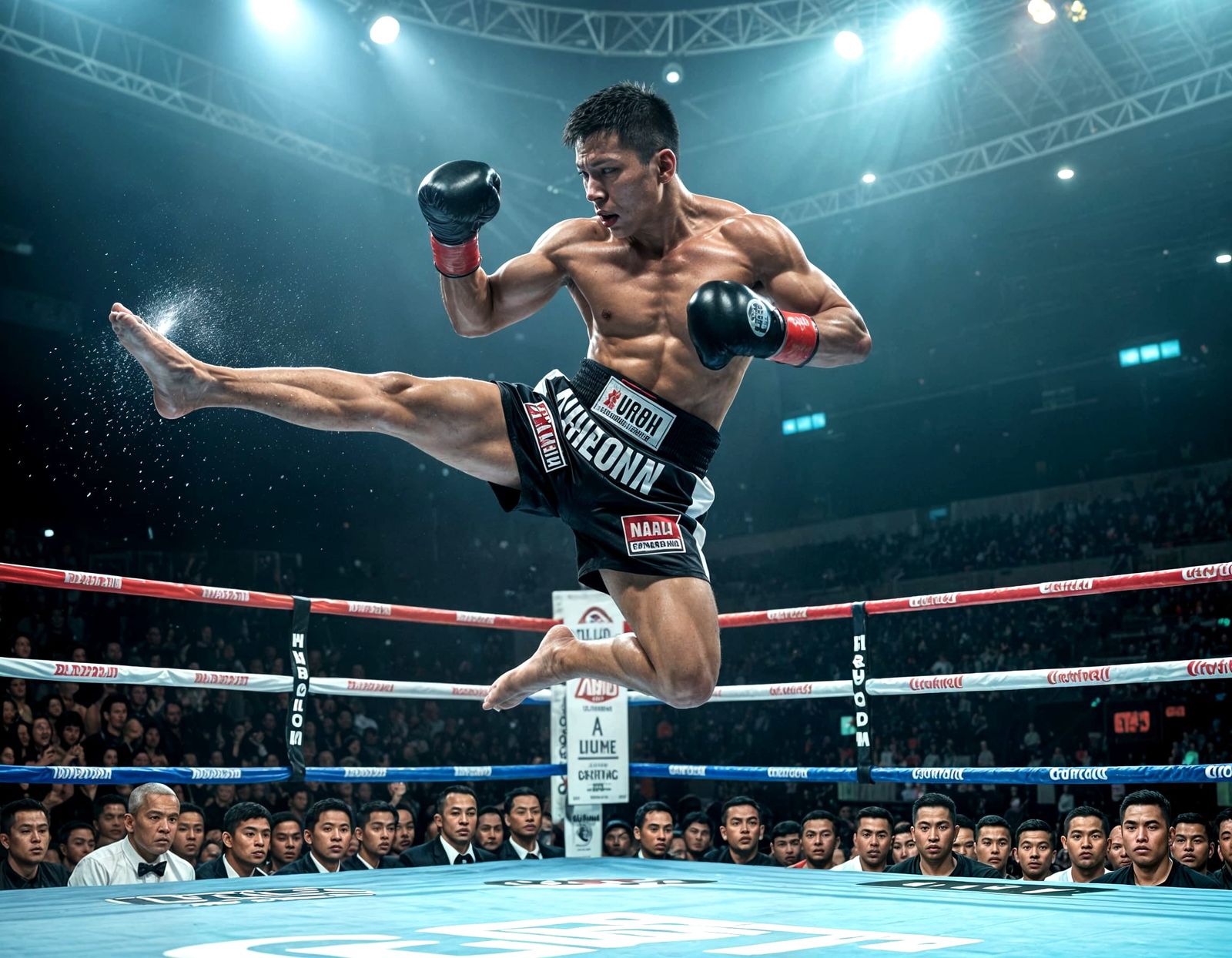Thai Kickboxer Mid-Air: Dynamic Action in Vintage Style
