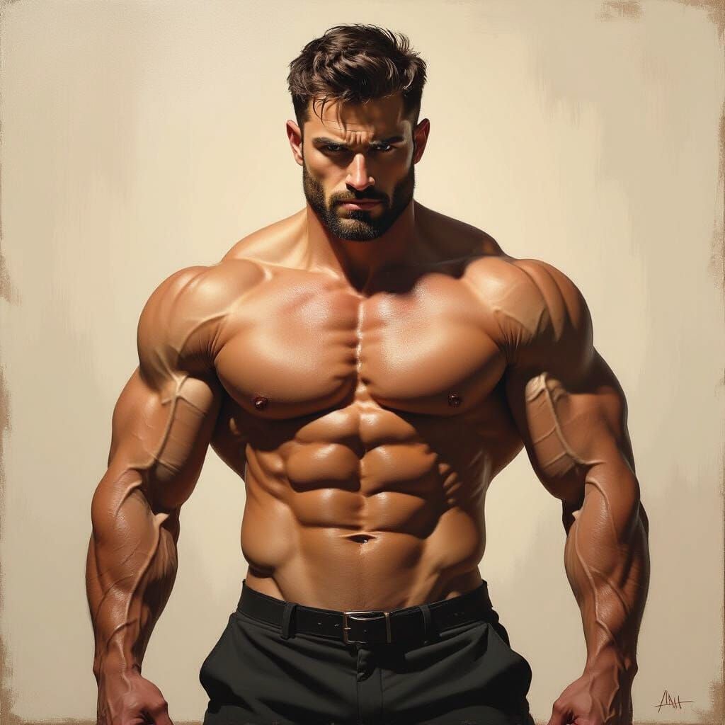 Hyperrealistic Oil Painting of Asymmetrical Muscular Man