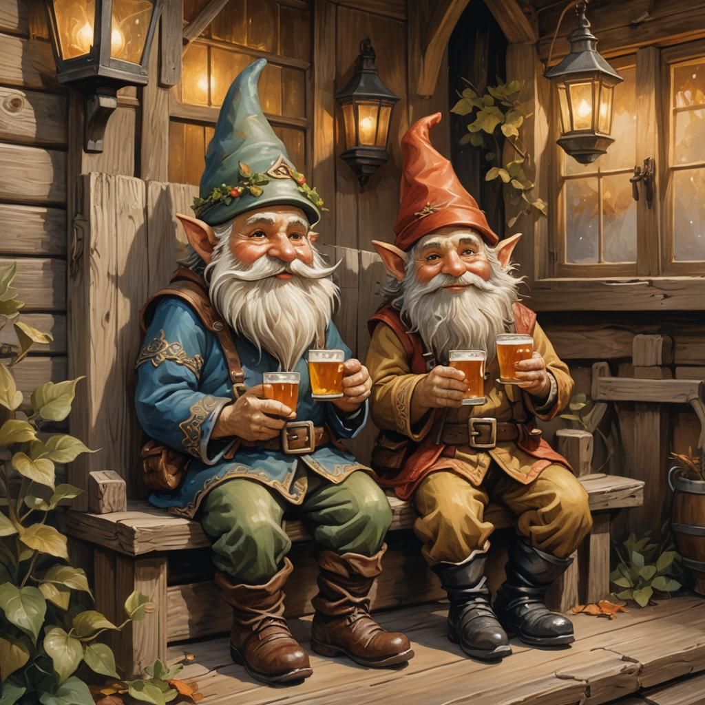Gnomes Enjoying Ales on a Cozy Porch, Oil Painting