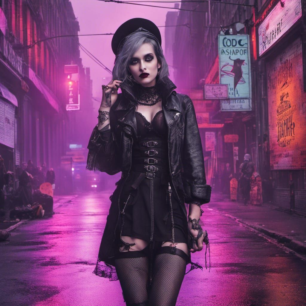 Gothic Figure in a Cyberpunk Cityscape