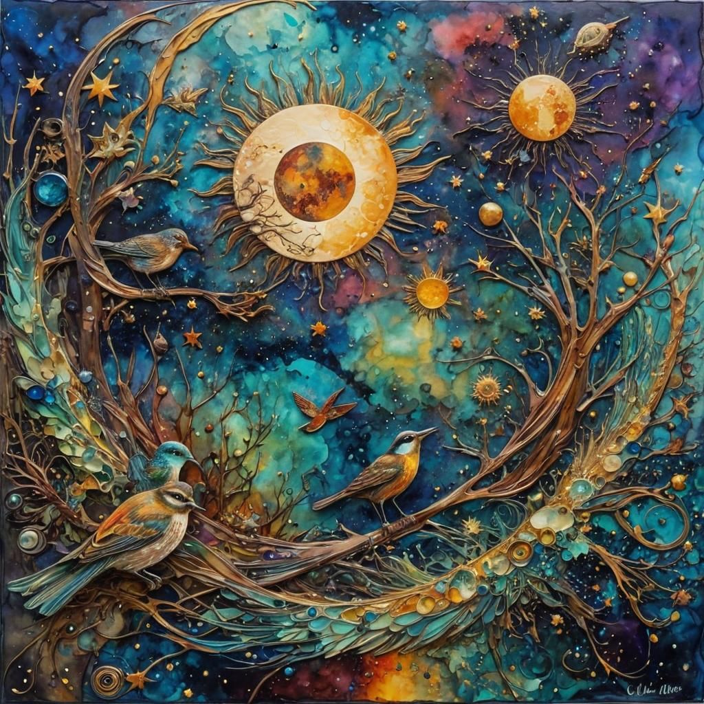 Celestial Birds: Impressionistic Surrealism Masterpiece