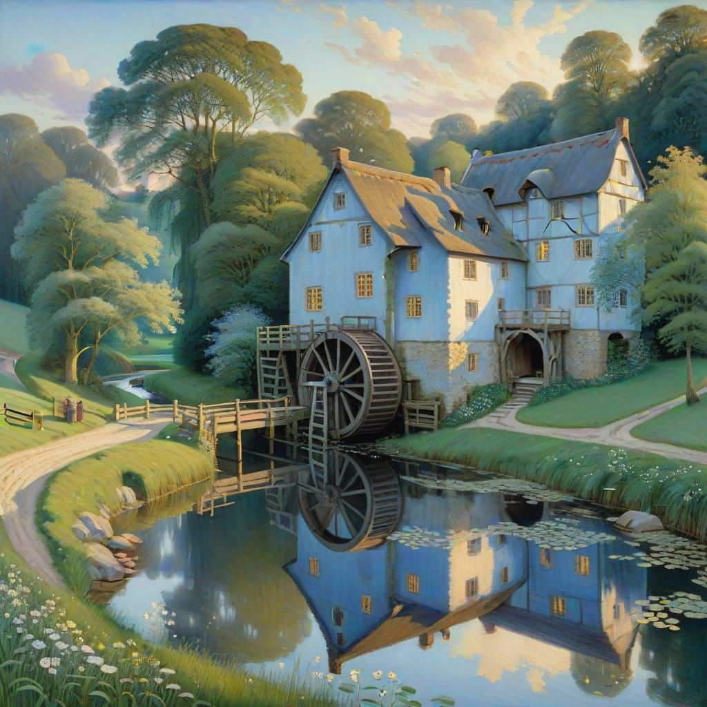 Historic Watermill in Soft Blue Evening Light, in Intricate ...