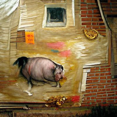 Extremely Large Pig About to Eat a House