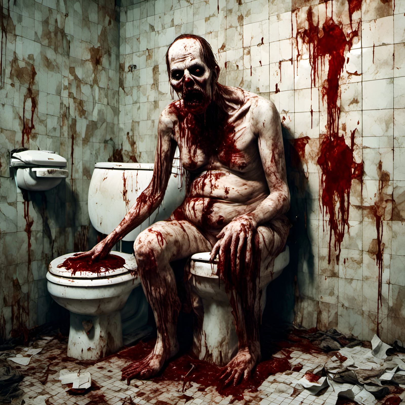 Rotting Zombie on Toilet in Macabre Horror Style