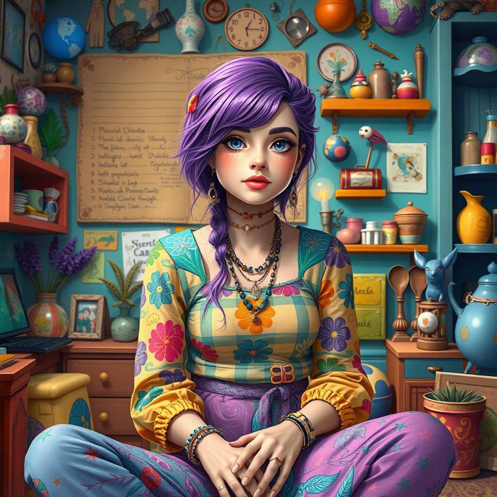 Young Woman in Eclectic Room: Surreal Digital Art