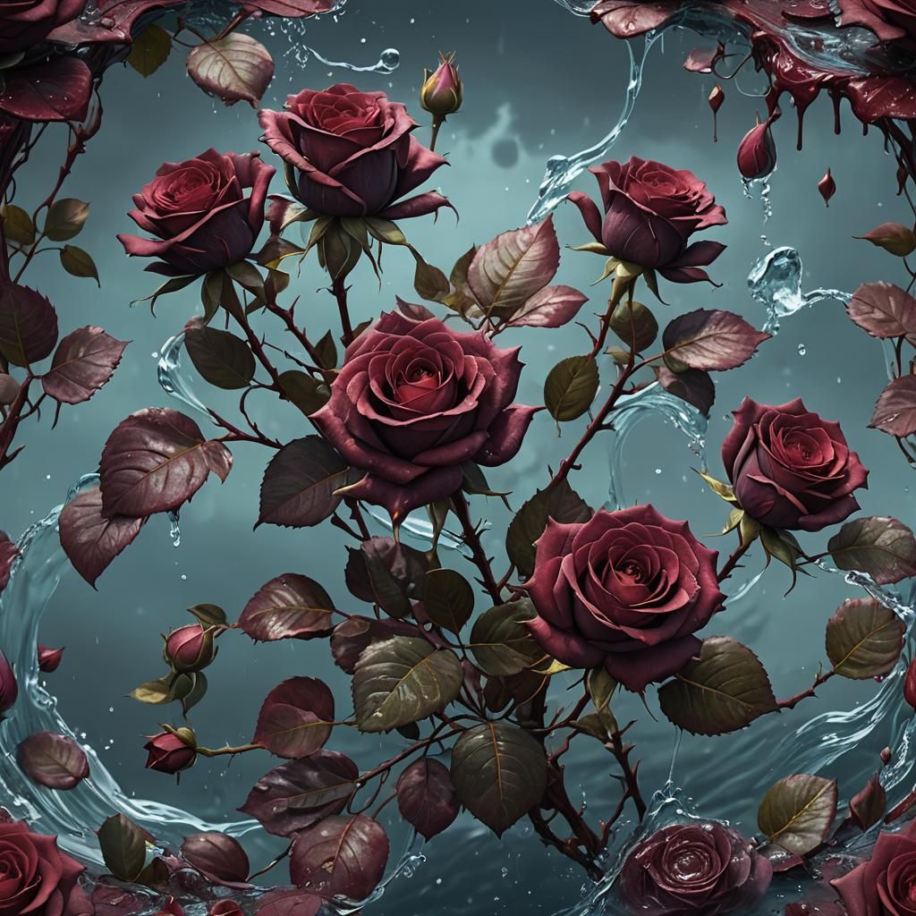 Burgundy Rose with Water in Detailed Matte Painting