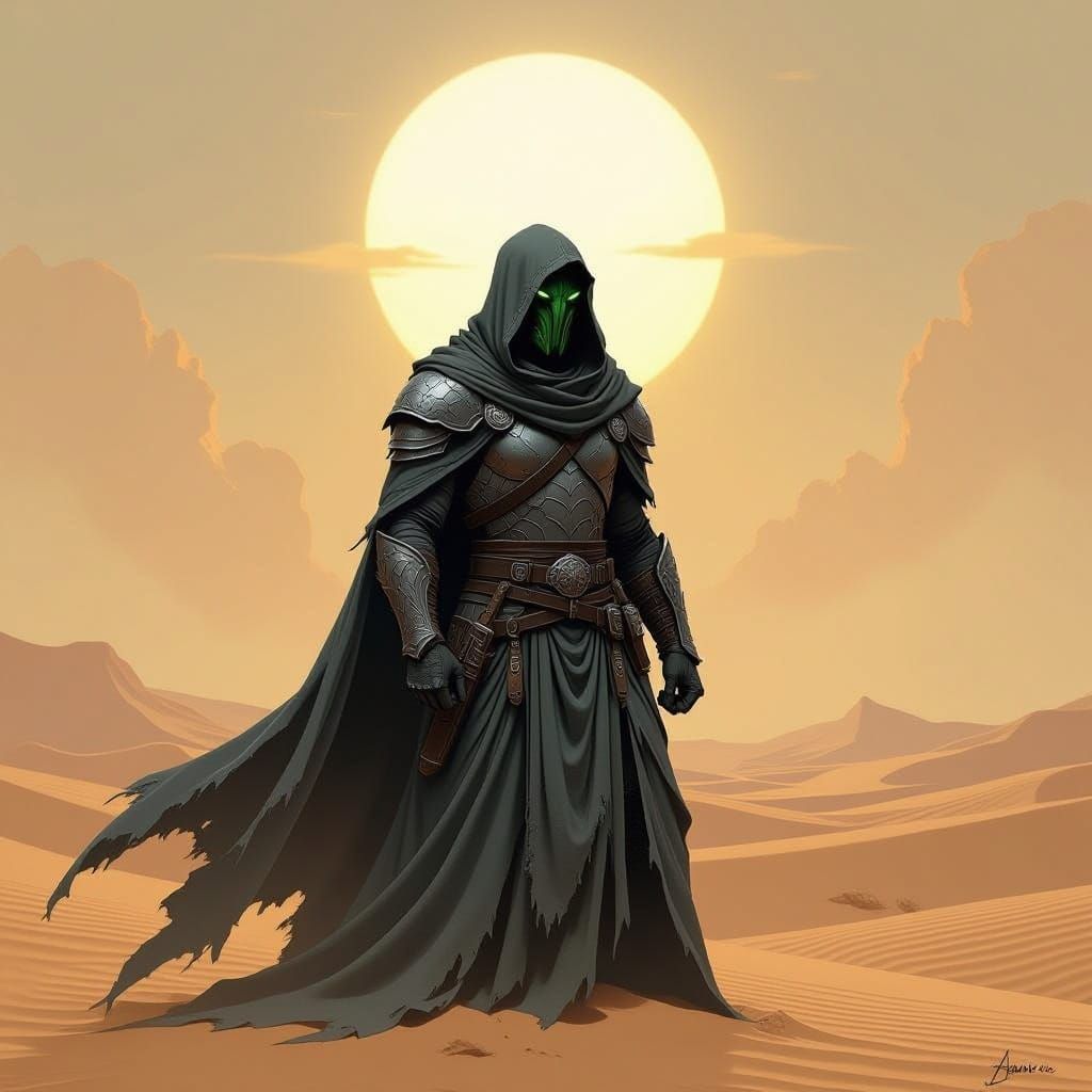 Stoic Dragonborn Warrior in Tattered Robes in Harsh Desert