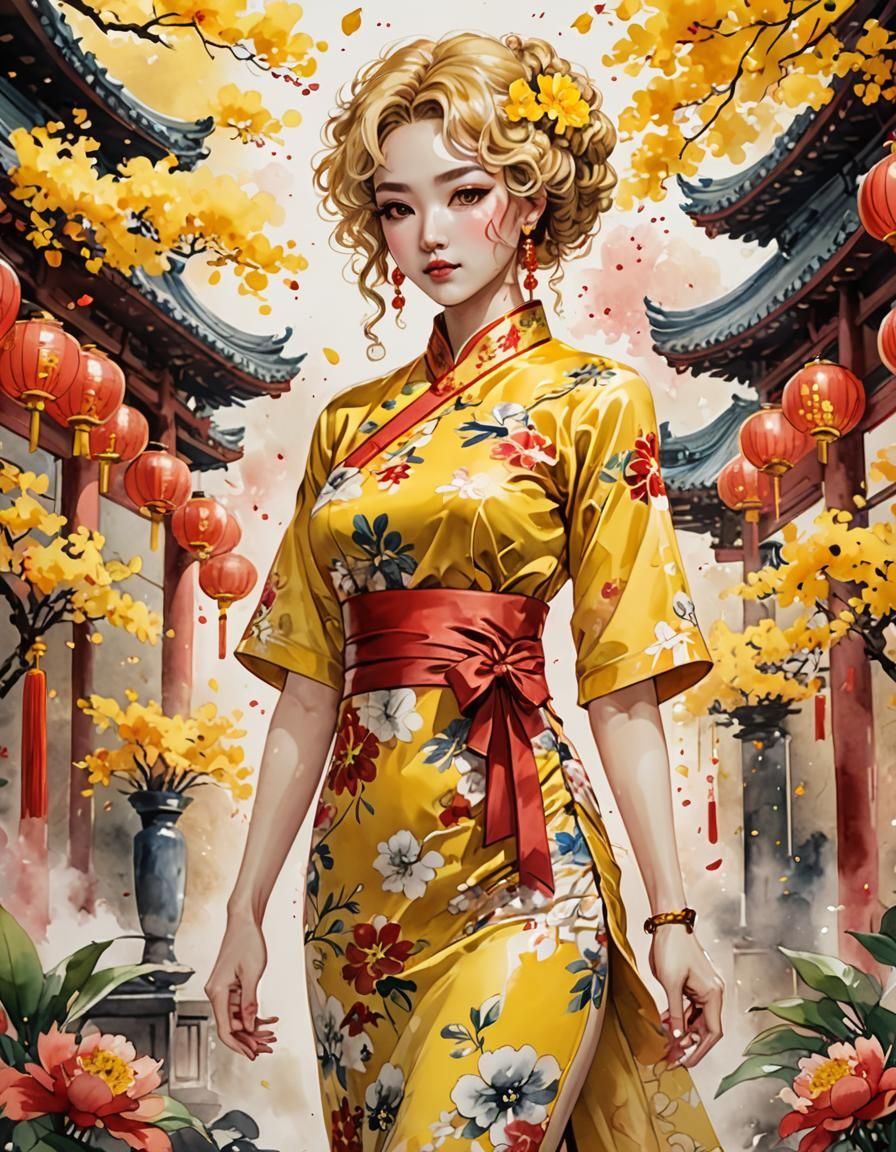 Beautiful Woman in Qipao: Anime Watercolor Art
