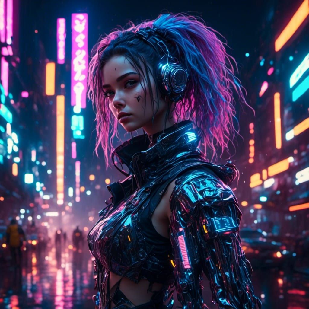 Cyberpunk Girl in Neon Cityscape