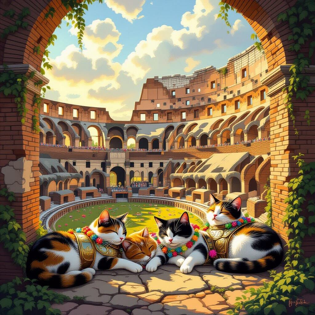 Cats in Roman Armor Sleep in Colosseum