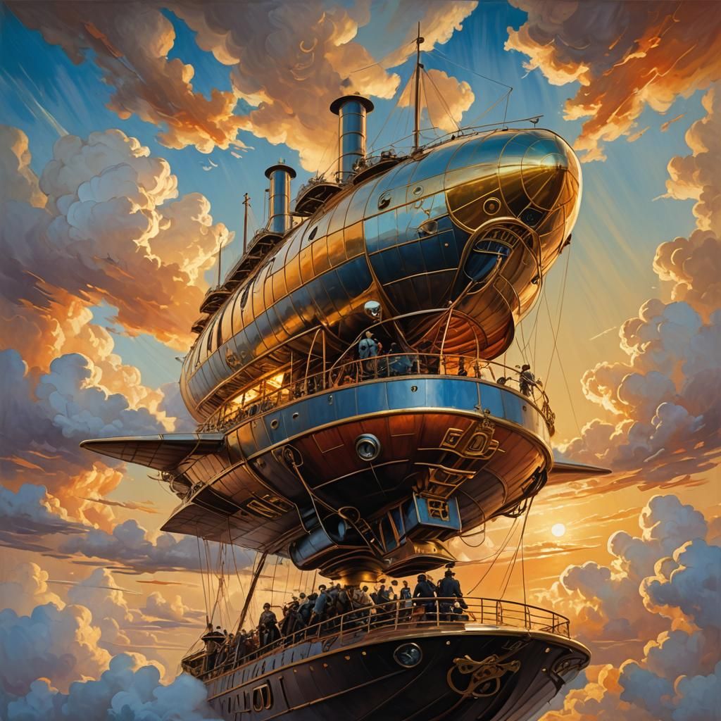 Jules Verne on Steampunk Airship: Oil Painting