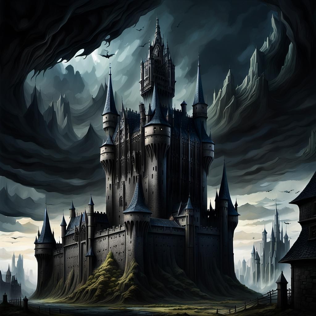 Gothic Castle Blackspire in Dark Fantasy Cityscape