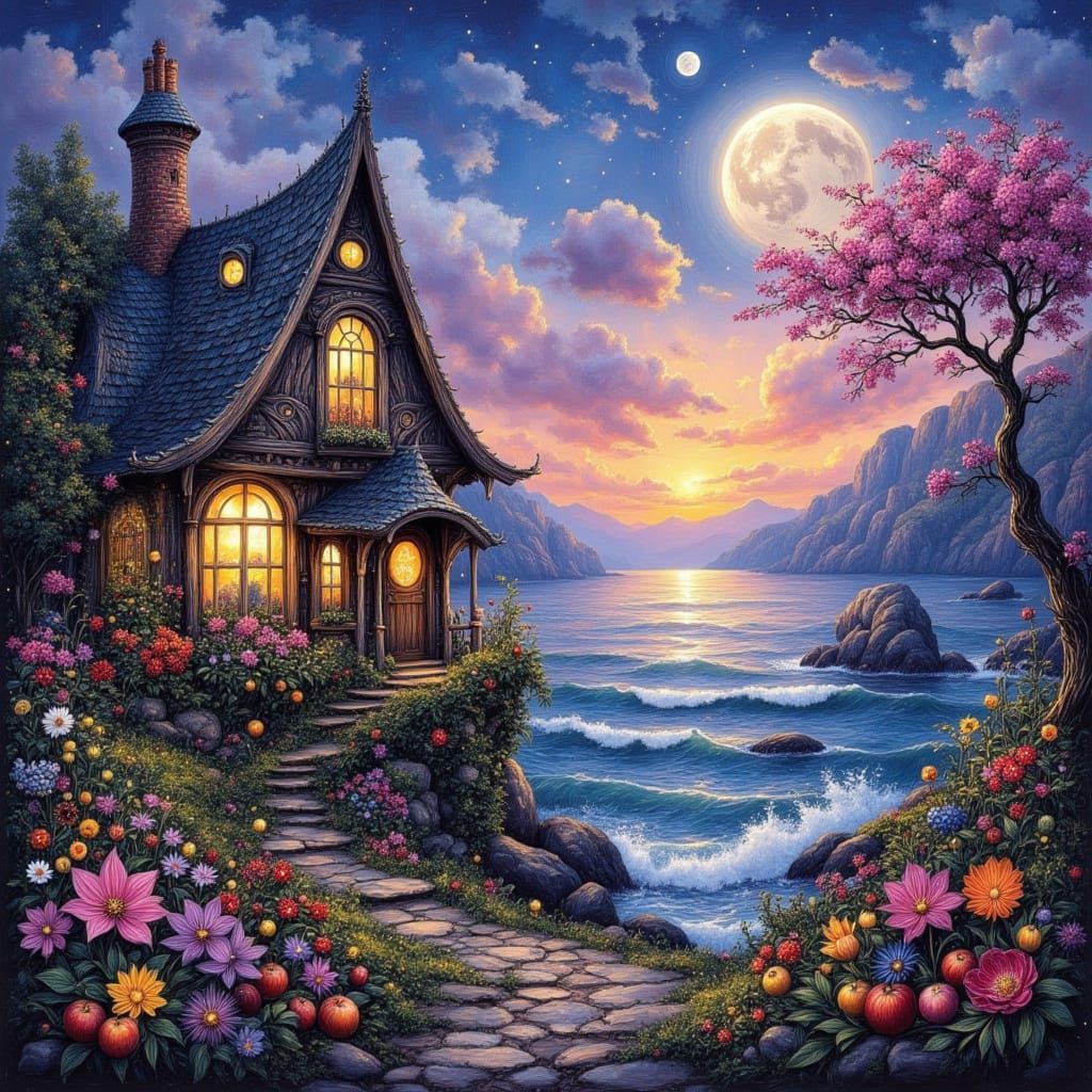 Ethereal Twilight Seascape with Fruit Houses in Gouache