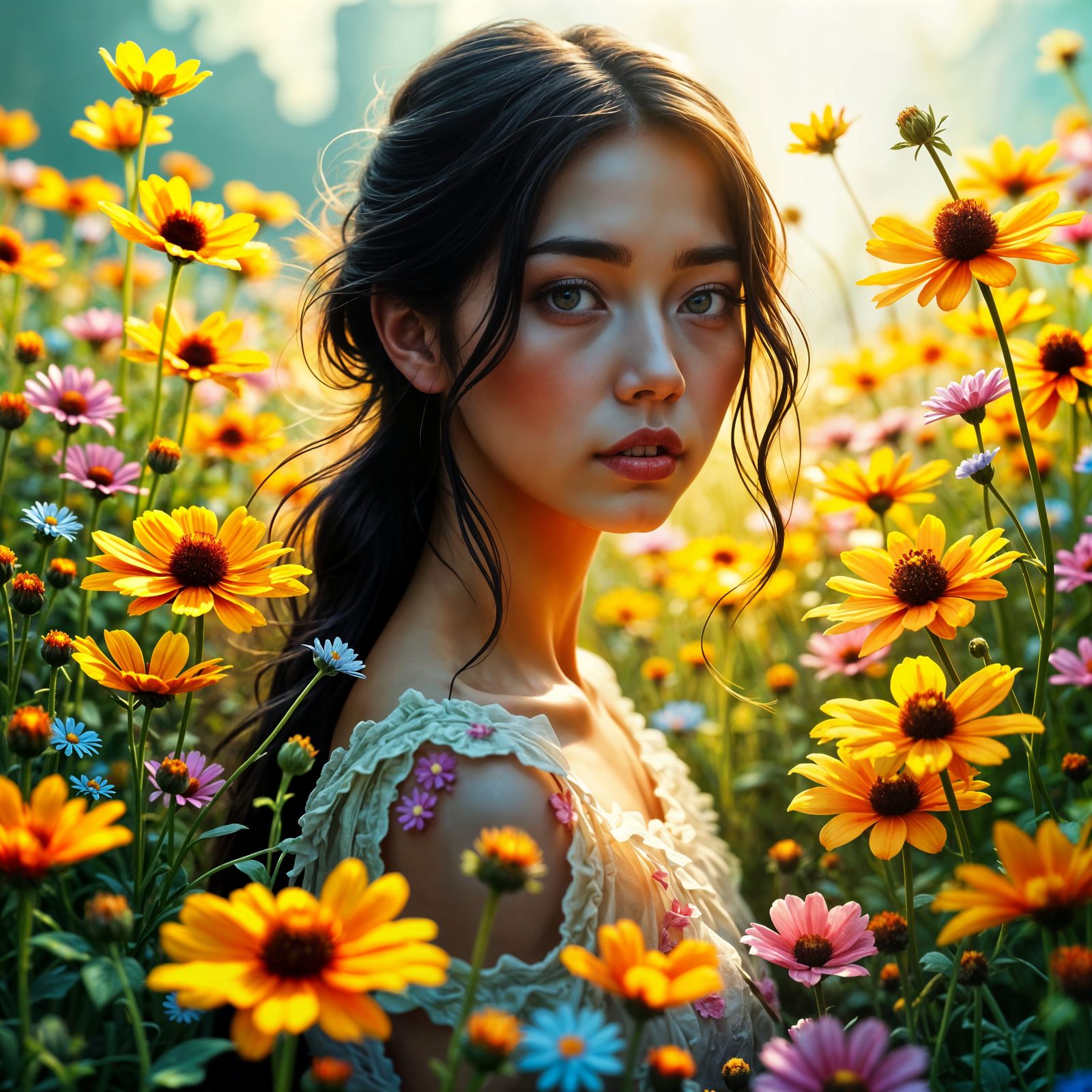 Hyperrealistic Beauty Amidst Vibrant Wildflowers