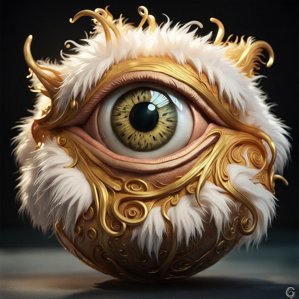 Realistic character modelling of a Cycloptic ball of tendril fur that's dripping golden ooze, gigantic eye with tiny mou...