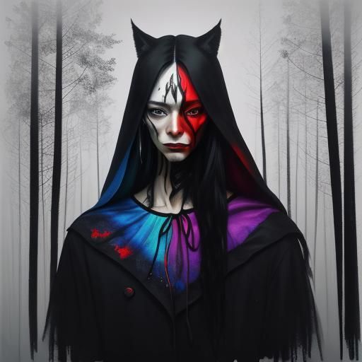 Surreal Double Exposure: Red Riding Hood and Wolf