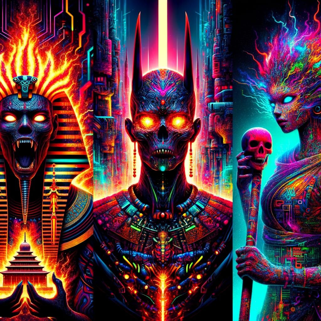 Anubis, Dragon, and Goddess Over Metropolis