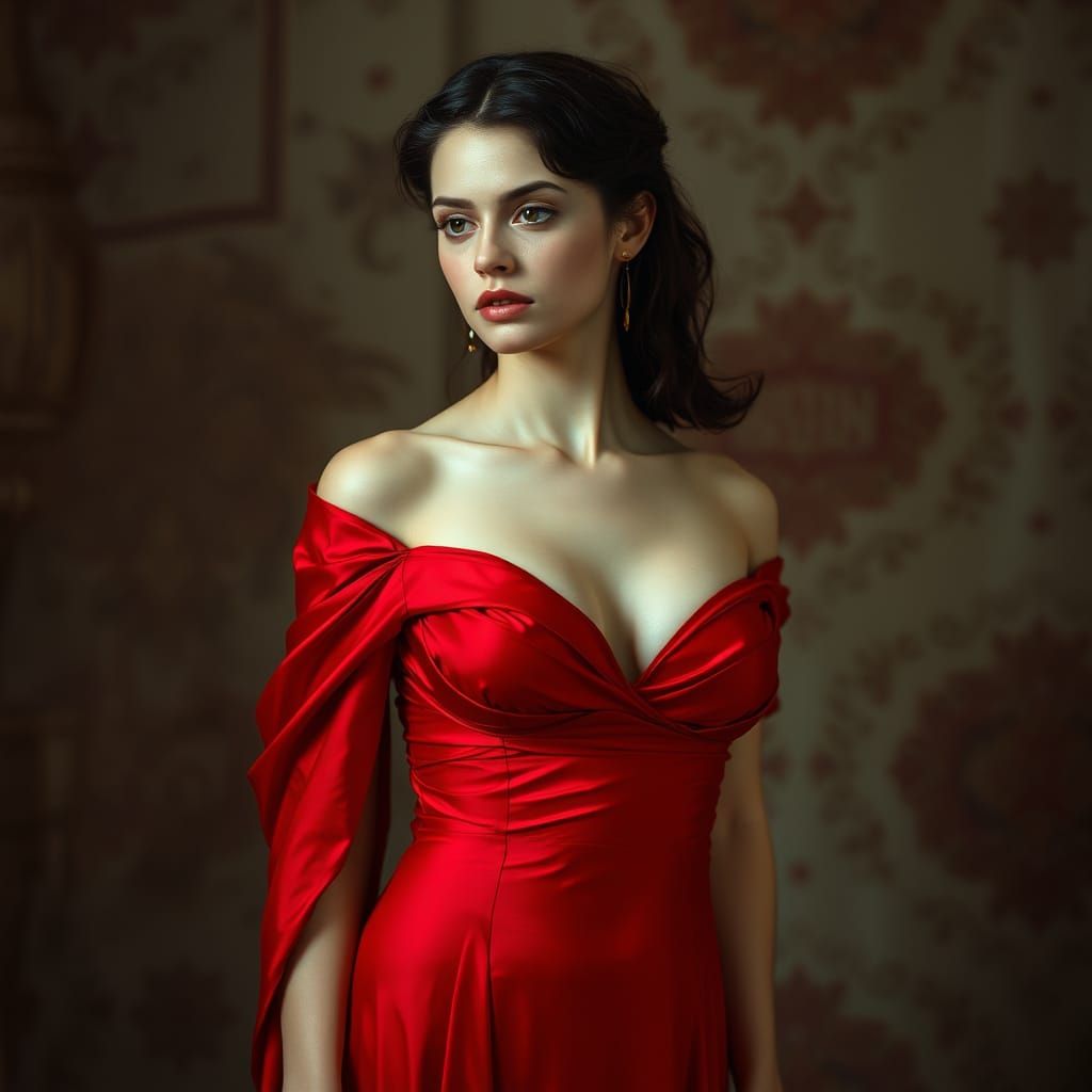 Sensual Woman in Deep Red Gown