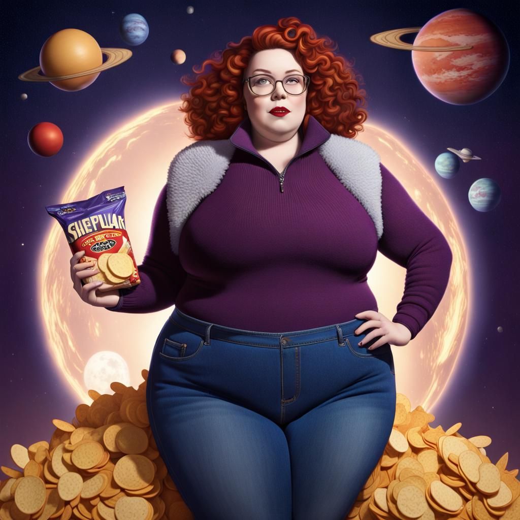 Plus-Size Model Ad with Rocket Ship in Cartoon Style