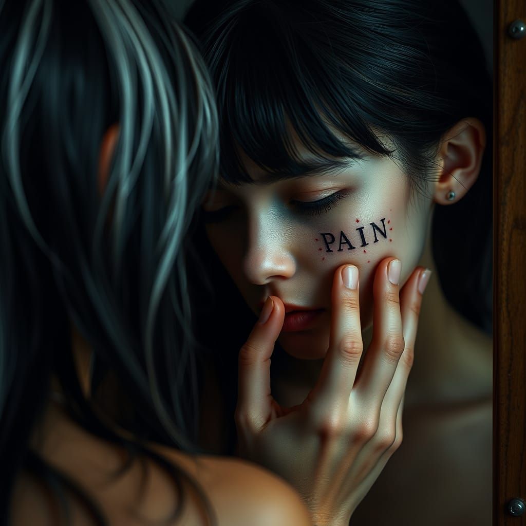 Teenage Girl with Vivid Black and White Hair Contemplates Pa...