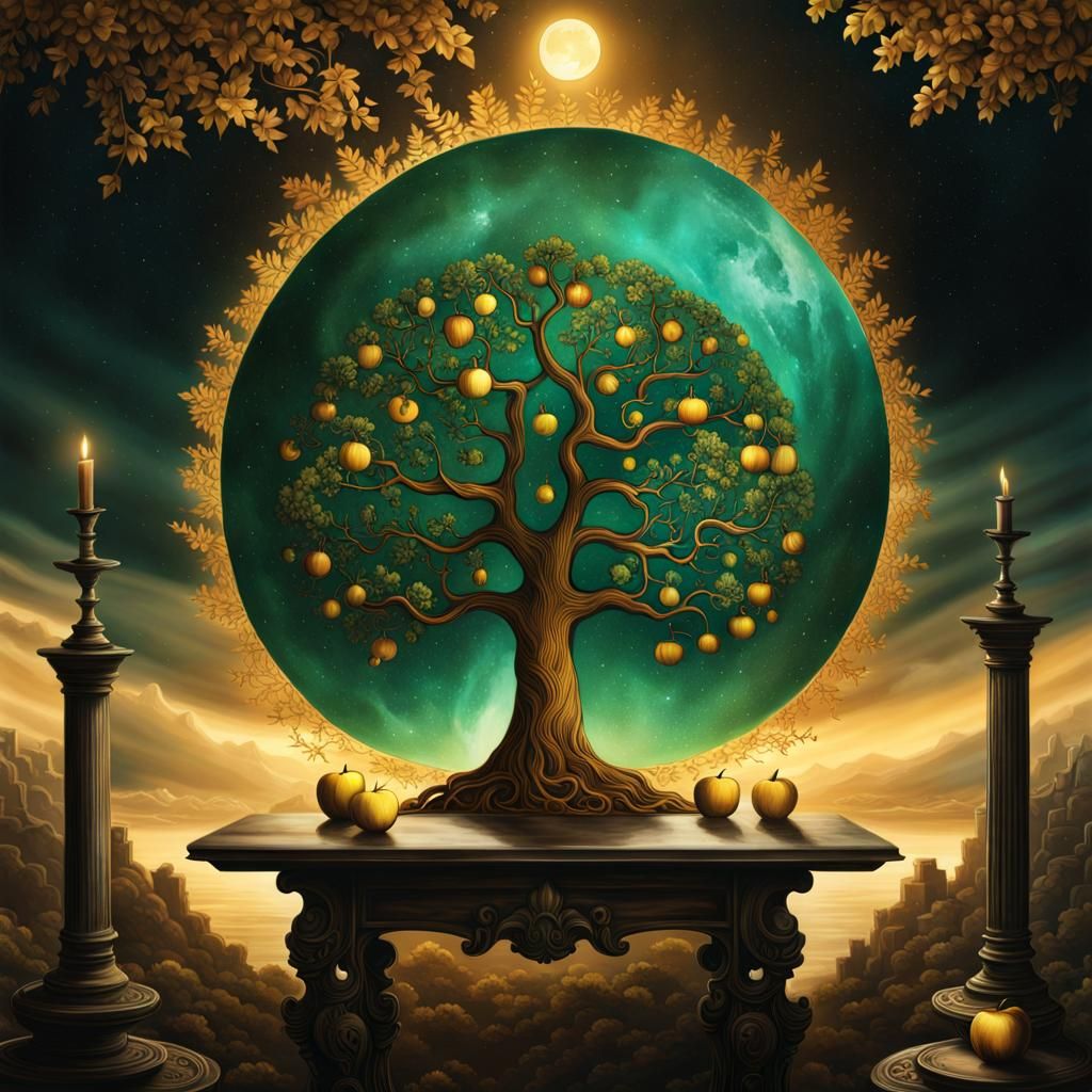Alchemical Ash Tree: Digital Matte Painting with Golden Ligh...