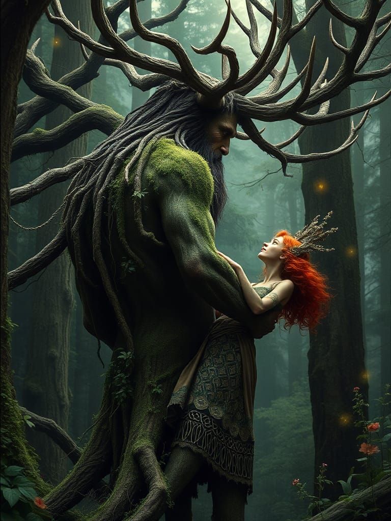 Colossal Cernunnos Holds Maiden in Forest Scene