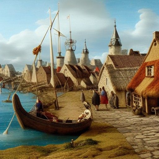 Viking Seaside Village: Detailed Digital Gouache Painting