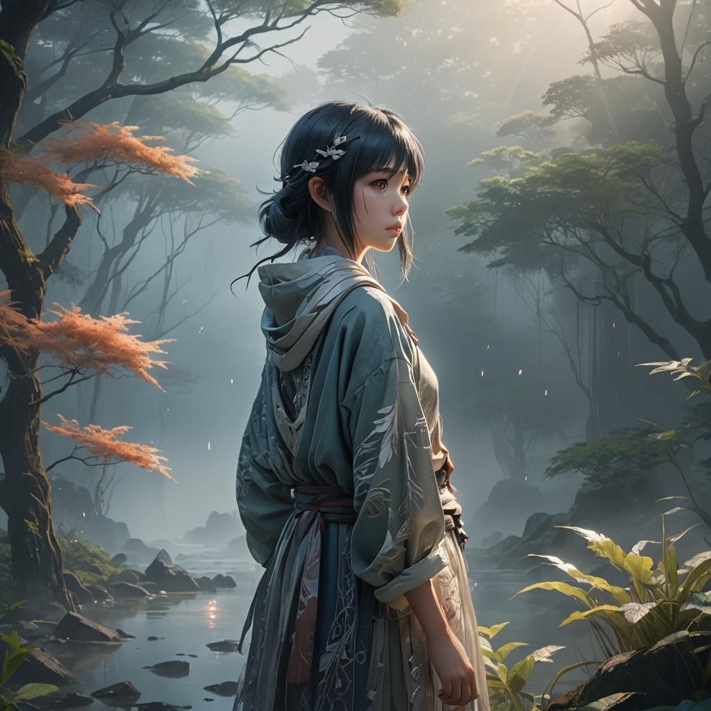 Contemplative Figure in Anime-Inspired 3D Art