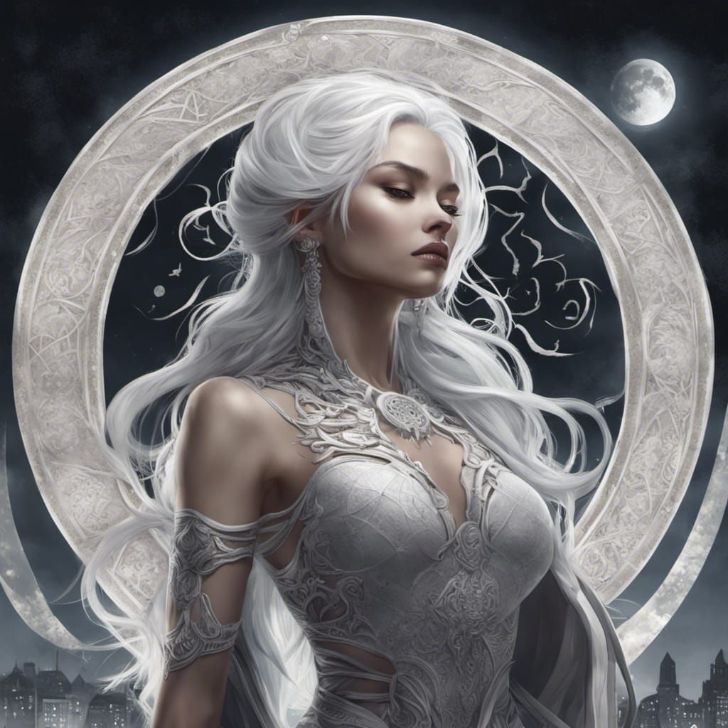 Detailed Moon Goddess in City Landscape