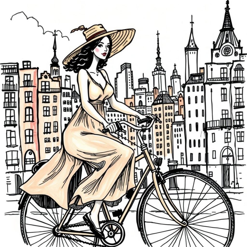 Elegant Lady Cycling through Whimsical City