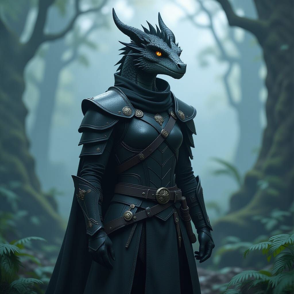 Dragon Warrior in Mystical Forest, Matte Painting Style