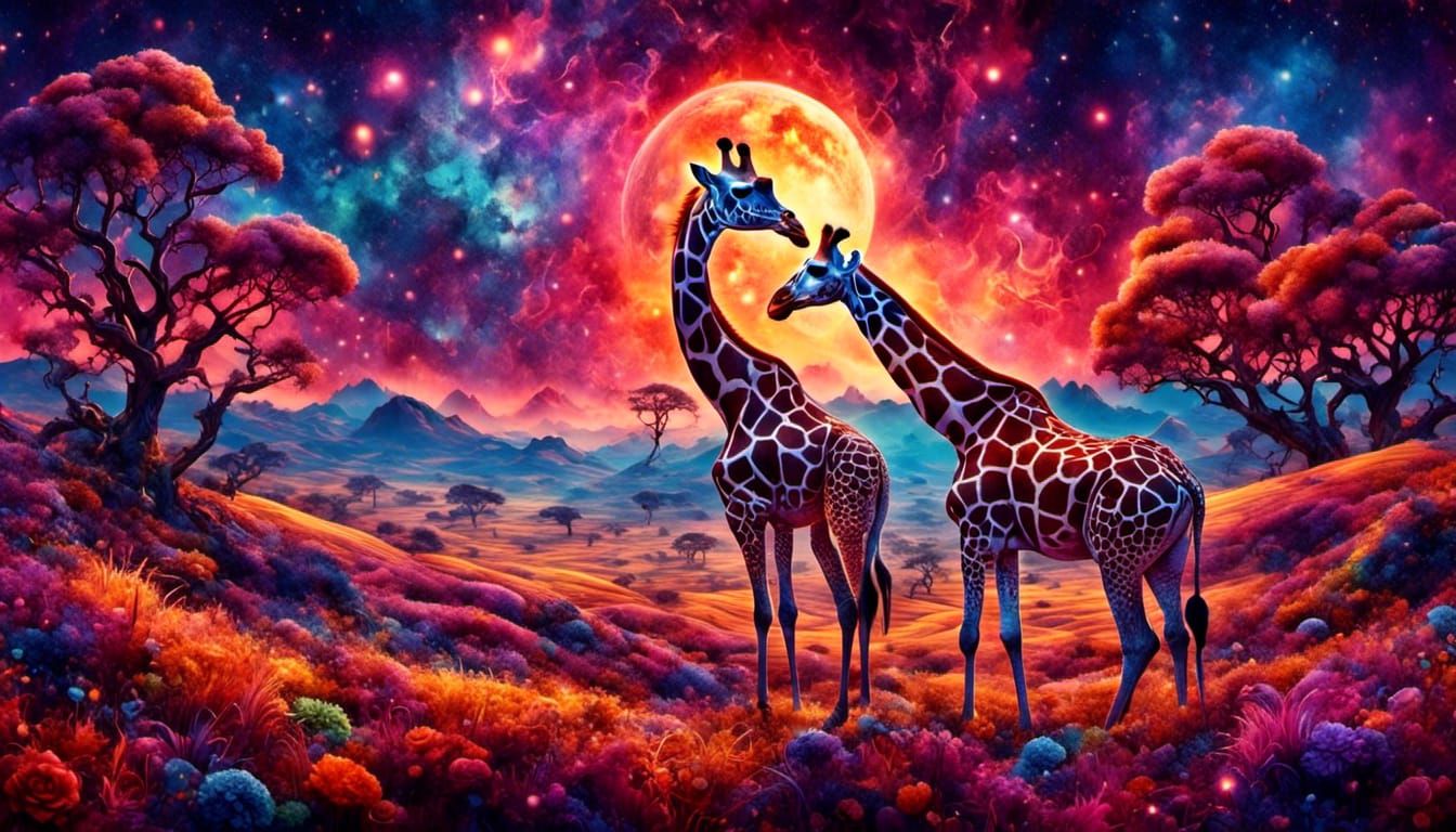 Giraffe on Savannah with Psychedelic Sky
