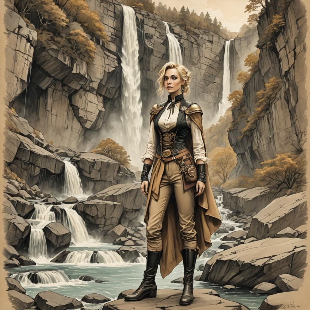 Steampunk Lady by Waterfall: Conceptual Pencil Illustration