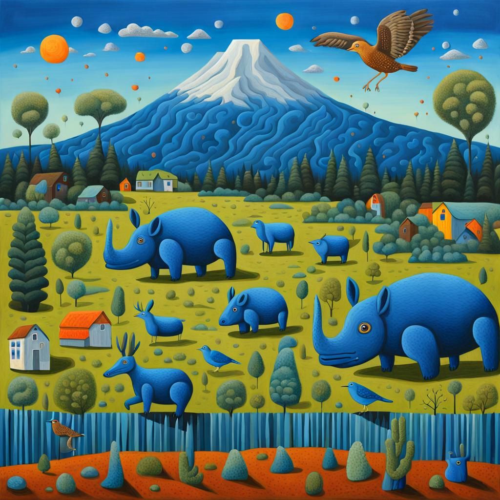 Surreal Naive-Art Painting in Dodgerblue and Oregon Colors