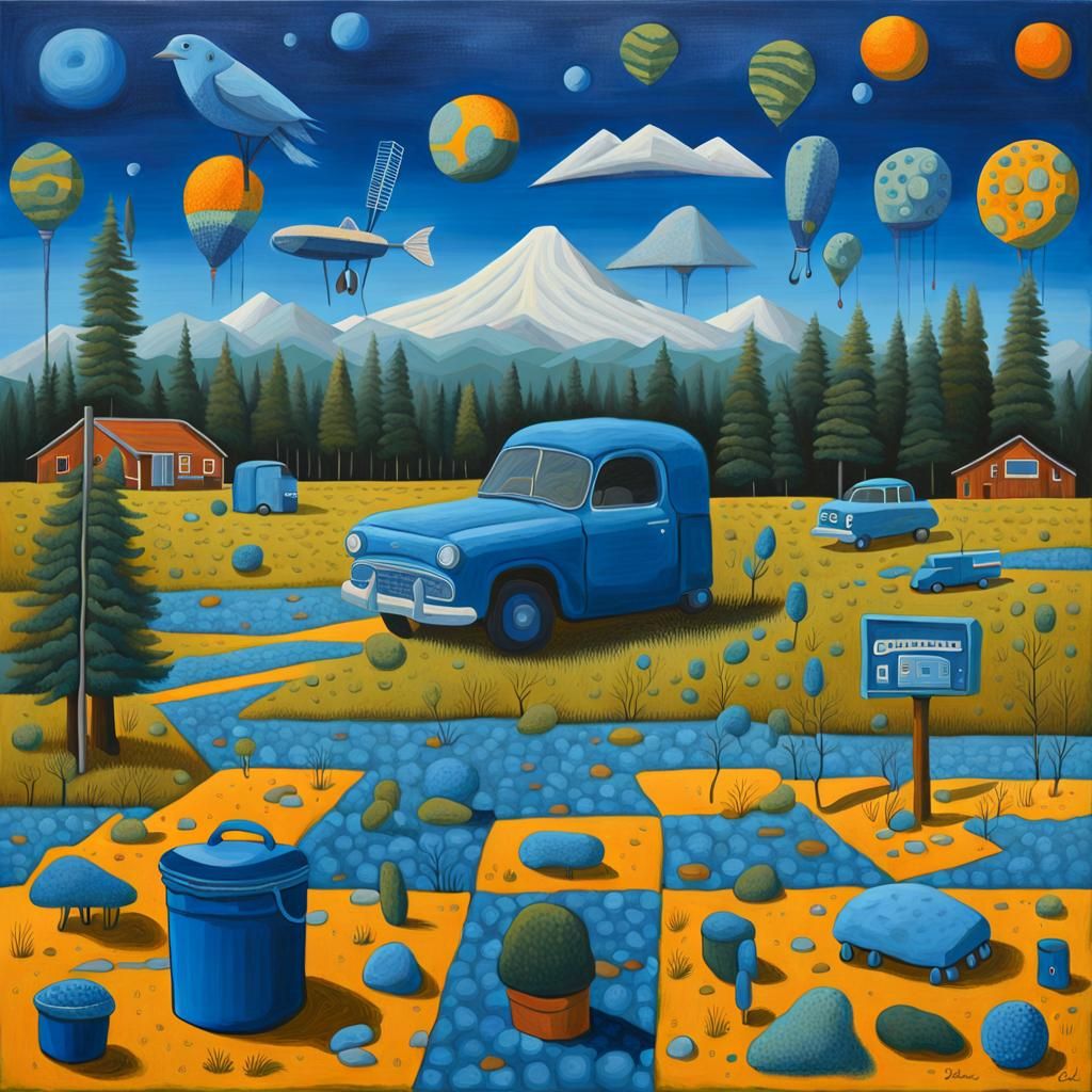 Surreal Naive-Art Painting in Dodgerblue/Oregon Colors
