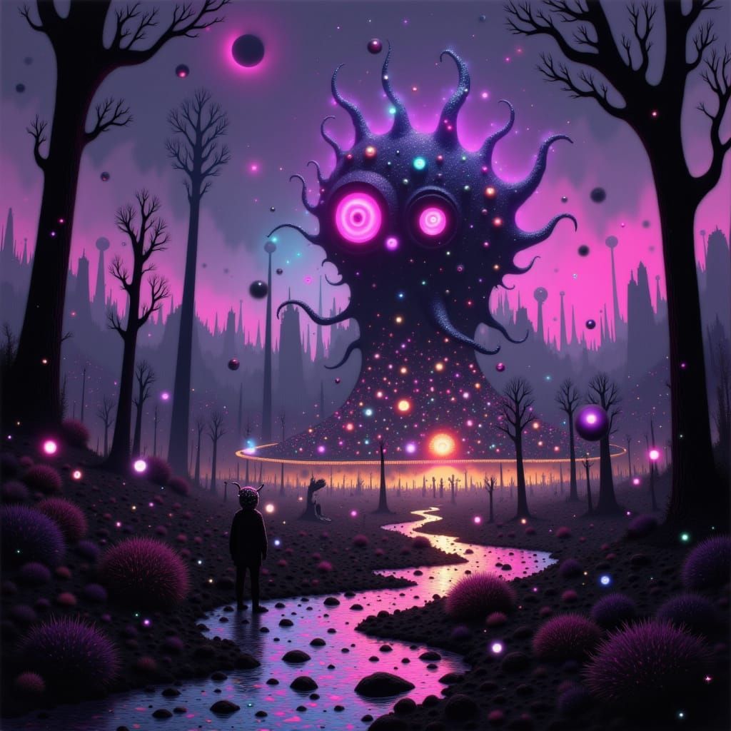 Creepy Carnival with Surreal Lights in Whimsical Style