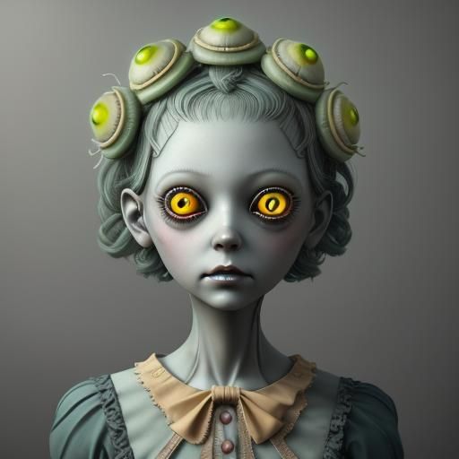 Creepy Doll with Yellow Eyes: A Pop Surrealist Render