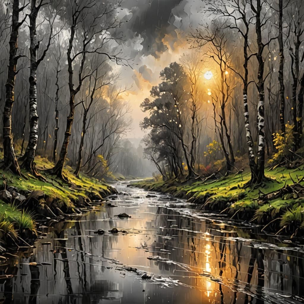 Rainy Spring Forest River in Soft Light