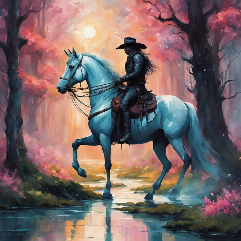 Cowboy Rides Unicorn on Ethereal Forest Path