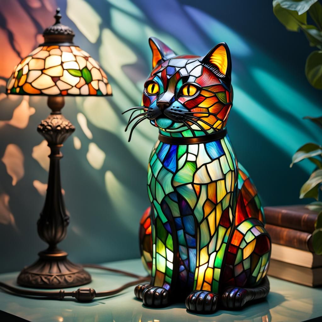 Hyperrealistic Cat Tiffany Lamp in Splash Art Style