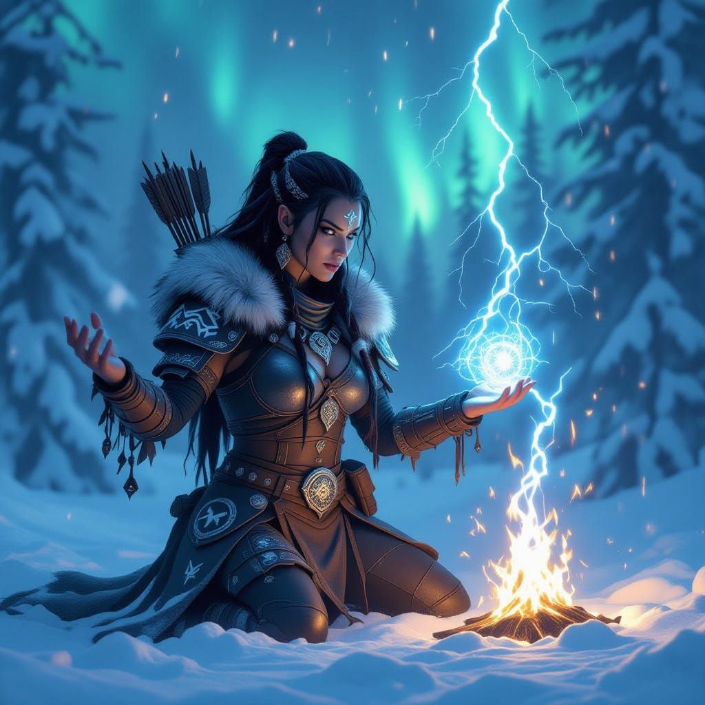 Orc Shaman Summons Lightning in Winter Forest