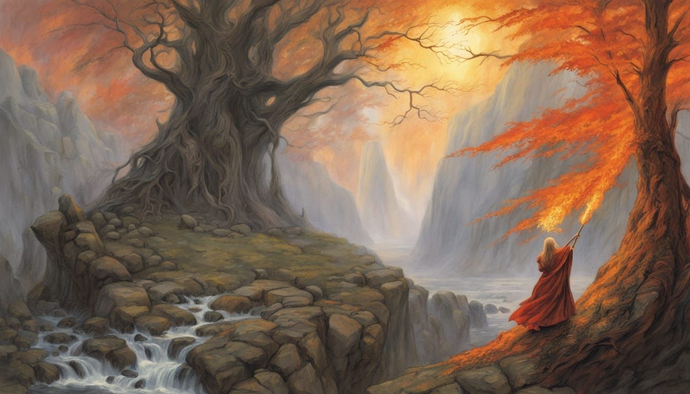 Fiery Fantasy Warrior in Ethereal Landscape