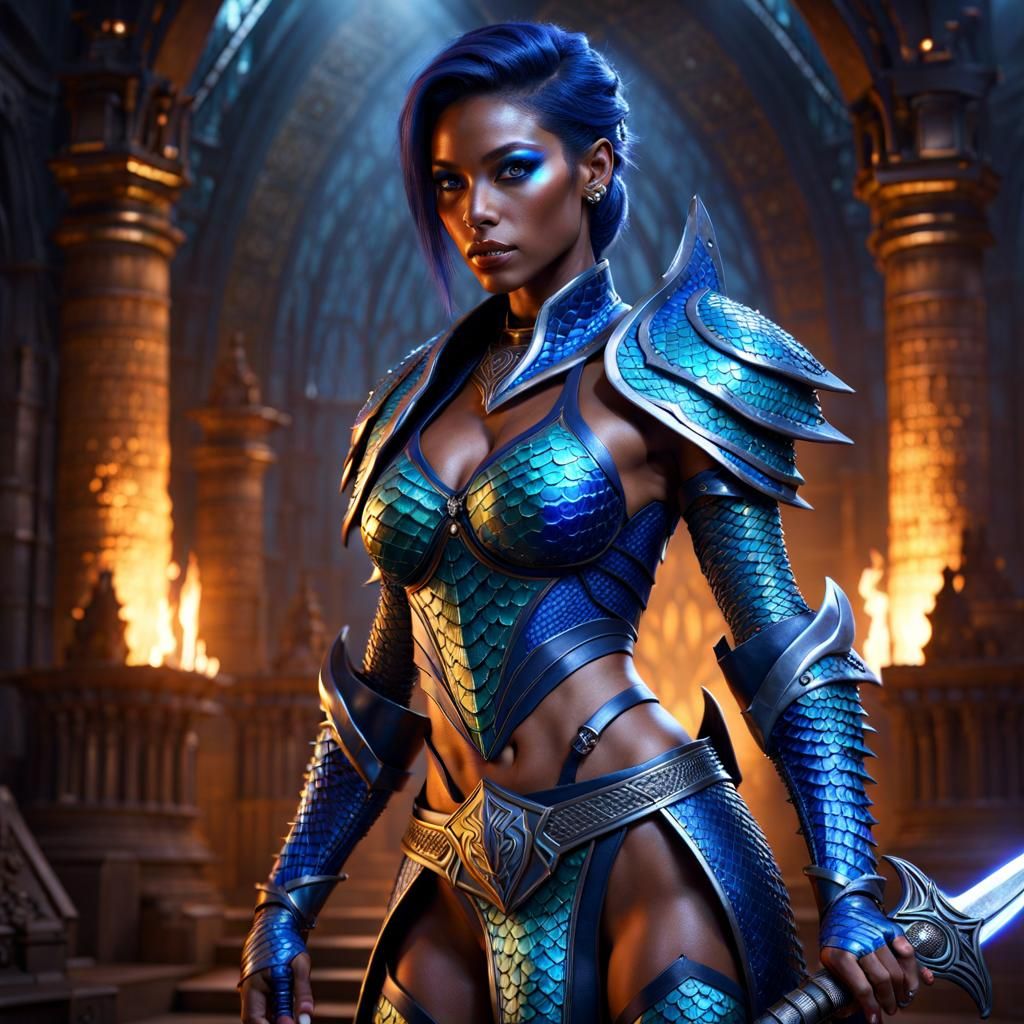 Lizard-Woman Warrior with Broadsword in Fantasy Art