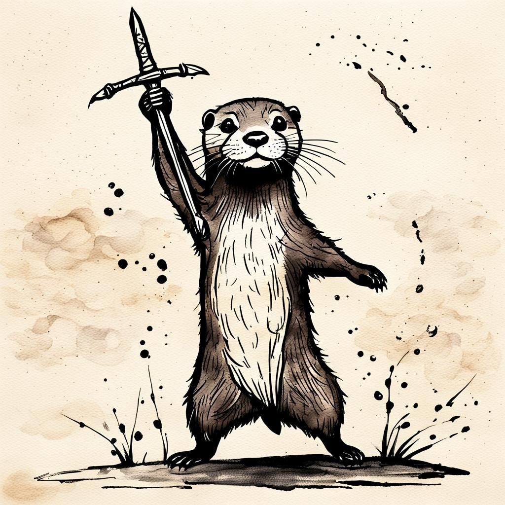 Otter with Sword: Whimsical Sumi-e Ink Sketch