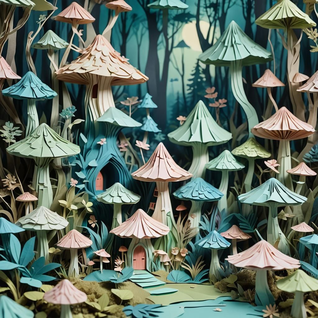 Enchanted Origami Mushroom House in Bioluminescent Forest