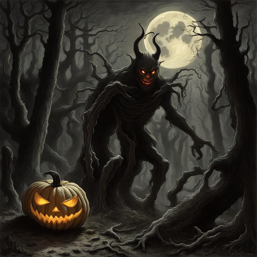 Pumpkin Demon in Dark Forest: Horror Illustration