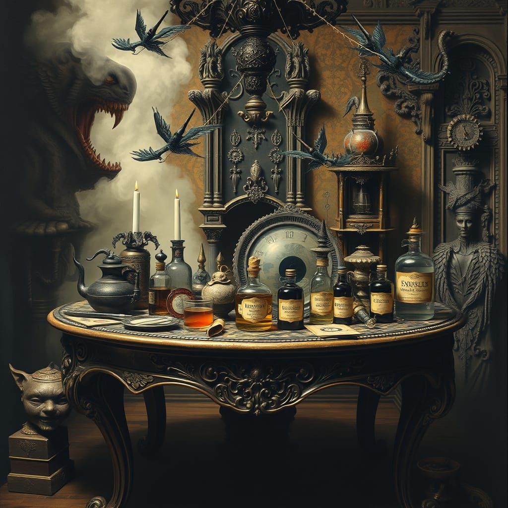 Eerie Still-Life of Forbidden Artifacts and Humorous Potions