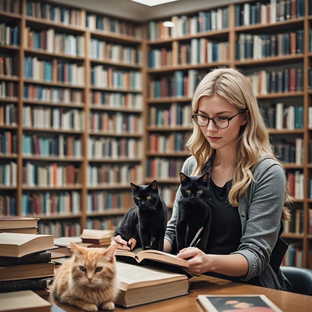 Author and Cat in Library: Professional Photography