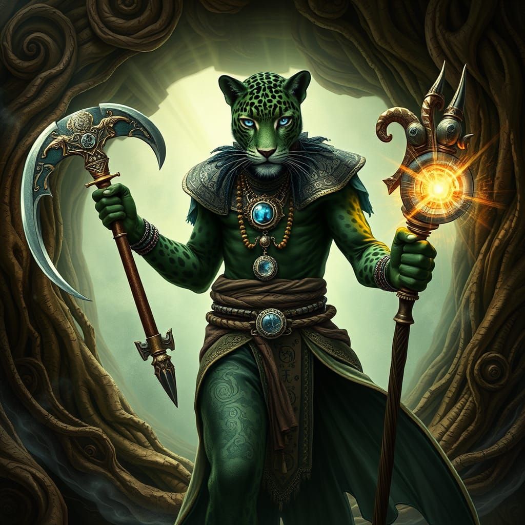 Leopard Man with Sickle and Staff of Light
