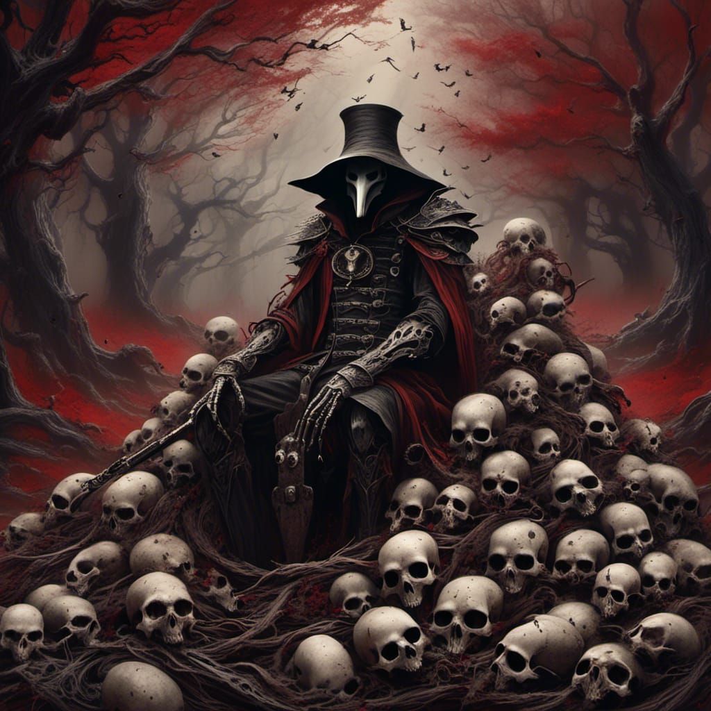 Mechanical Plague Doctor on Skull Pile: Dark Fantasy Art